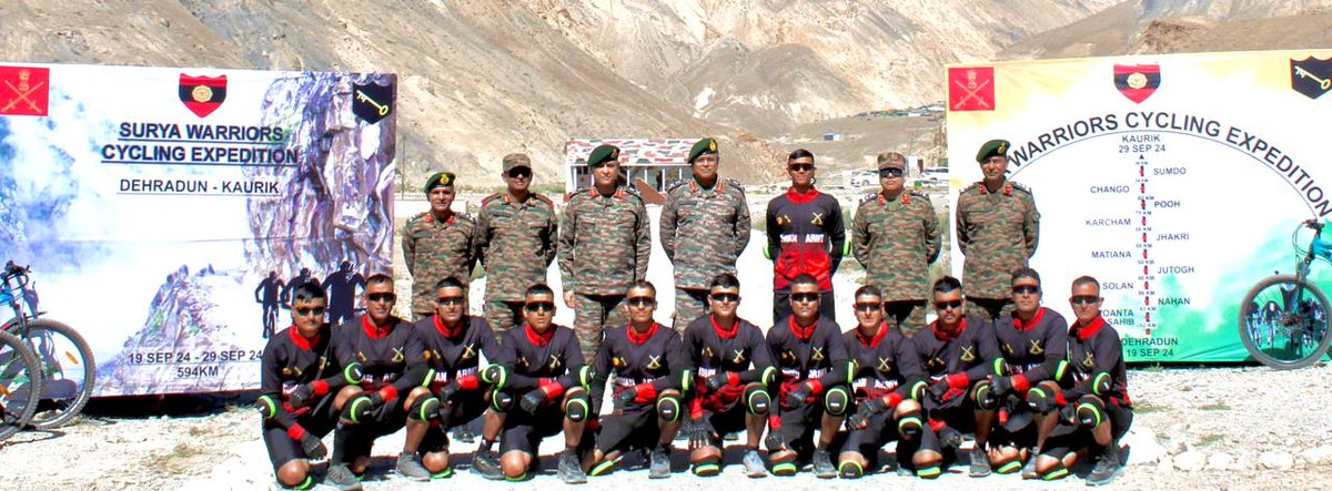 suryacommand's tweet photo. #IndianArmy
#SuryaCommand #GoldenKeyDivision
#Cycling
#Adventure
#Himalayas 
#BorderTourism

"CYCLING EXPEDITION ACROSS THE HIMALAYAS"

A #CycleExpedition undertaken by #SuryaWarriors of #GoldenKeyDivision covering 594 Kms in 10 days, from #Dehradun to #Kaurik, was flagged in by Lt Gen Anindya Sengupta, GOC-in-C #SuryaCommand.
The team navigated through the challenging terrain, #ExtremeAltitudes and #StunningLandscapes, exemplifying Indian Army's unwavering and adventurous #Spirit. The expedition aimed at promoting #Tourism in remote regions along the #Northernborders.
The Army Cdr complimented the participants for the unmatched #Grit, #Determination and #Teamwork displayed.

@adgpi
@ProDefLko
@PRODefDehradun
@SpokespersonMoD
@UBArea_IA
@HQ_IDS_India
@MinofDefIndia