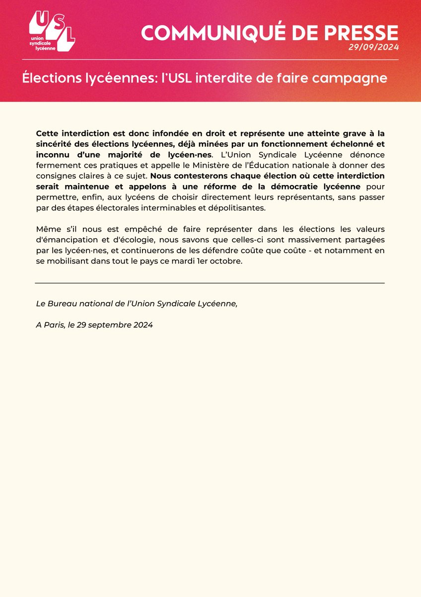 Élections lycéennes: l’USL interdite de faire campagne

Dans plusieurs endroits, des lycées empêchent les adhérent·es de l'<a href="/USLSyndicat/">Union Syndicale Lycéenne | USL</a> de faire campagne aux élections CVL.

Ces interdictions sont injustifiées et représentent une atteinte claire à la sincérité du scrutin.