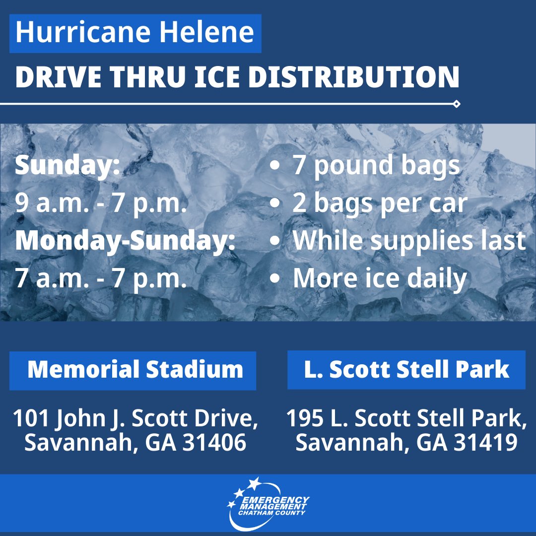 ChathamEMA's tweet photo. Chatham County is hosting Drive Thru Ice Distribution Centers at two locations starting today at 9 a.m.

7 pound bags, 2 per vehicle. Available while supplies last. New ice daily.

Memorial Stadium, L. Scott Stell Park today from 9 a.m. – 7 p.m.
7 a.m.- 7p.m. starting tomorrow. https://t.co/dvOO0EInpU