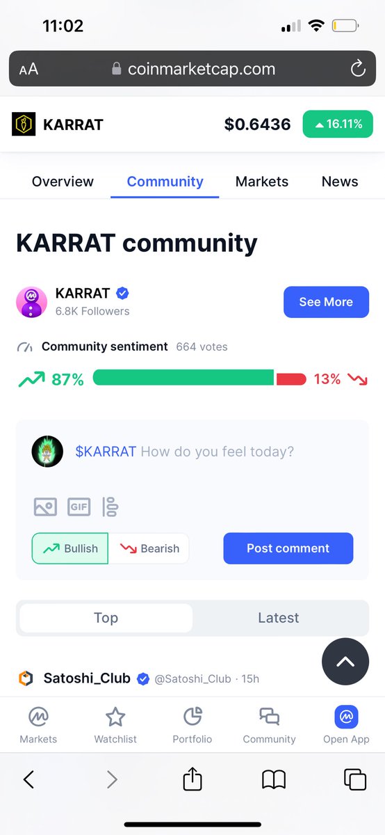 Hey $KARRAT GANG

Make sure we following $KARRAT ON <a href="/CoinMarketCap/">CoinMarketCap</a> and make sure we are voting BULLISH for community sentiment.

<a href="/karratcoin/">Karrat</a>