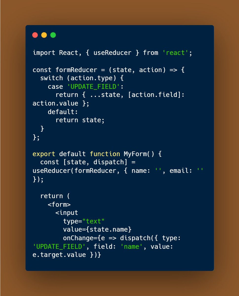 nrachabathuni's tweet image. Use useReducer for complex state management instead of multiple useState hooks! Here&apos;s an advanced example managing a form&apos;s state
Master state control! 🚀 #ReactJS #useReducer #AdvancedCoding #WebDev #JavaScript #FrontendDevelopment #ReactHooks #SEO