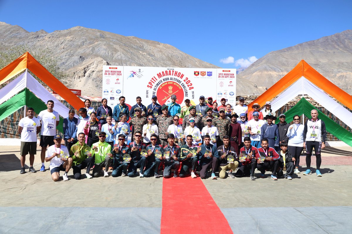 suryacommand's tweet photo. #IndianArmy  
#CentralCommand  
#HimachalTourism  
#IndiaRunning  
#RunningCommunity  
#MarathonRunners  
#SpitiMarathon  
#FinisherMedal  

🏅"𝙋𝙧𝙤𝙪𝙙 𝙈𝙤𝙢𝙚𝙣𝙩 𝙞𝙣 𝙩𝙝𝙚 
𝙃𝙞𝙢𝙖𝙡𝙖𝙮𝙖𝙨" 🏅  

The first 𝗦𝗽𝗶𝘁𝗶 𝗛𝗶𝗴𝗵 𝗔𝗹𝘁𝗶𝘁𝘂𝗱𝗲 𝗠𝗮𝗿𝗮𝘁𝗵𝗼𝗻, conducted between #Kaza and #Sumdo, #HimachalPradesh, on 28-29 Sep under #OpSadhavana, saw unprecedented enthusiasm with over 800 participants, culminating in grand success. The event featured 77km, 42km, 21km, and 10km races that challenged participants. Lt Gen Anindya Sengupta, GOC-in-C #SuryaCommand, honored champions for their #Spirit and #Resilience.  
Congratulations to all who dared to challenge themselves in the #MightyHimalayas.

@adgpi  
@ProDefLko  
@PRODefDehradun  
@SpokespersonMoD  
@UBArea_IA  
@HQ_IDS_India  
@MinofDefIndia