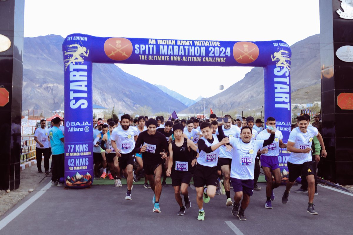 suryacommand's tweet photo. #IndianArmy  
#CentralCommand  
#HimachalTourism  
#IndiaRunning  
#RunningCommunity  
#MarathonRunners  
#SpitiMarathon  
#FinisherMedal  

🏅"𝙋𝙧𝙤𝙪𝙙 𝙈𝙤𝙢𝙚𝙣𝙩 𝙞𝙣 𝙩𝙝𝙚 
𝙃𝙞𝙢𝙖𝙡𝙖𝙮𝙖𝙨" 🏅  

The first 𝗦𝗽𝗶𝘁𝗶 𝗛𝗶𝗴𝗵 𝗔𝗹𝘁𝗶𝘁𝘂𝗱𝗲 𝗠𝗮𝗿𝗮𝘁𝗵𝗼𝗻, conducted between #Kaza and #Sumdo, #HimachalPradesh, on 28-29 Sep under #OpSadhavana, saw unprecedented enthusiasm with over 800 participants, culminating in grand success. The event featured 77km, 42km, 21km, and 10km races that challenged participants. Lt Gen Anindya Sengupta, GOC-in-C #SuryaCommand, honored champions for their #Spirit and #Resilience.  
Congratulations to all who dared to challenge themselves in the #MightyHimalayas.

@adgpi  
@ProDefLko  
@PRODefDehradun  
@SpokespersonMoD  
@UBArea_IA  
@HQ_IDS_India  
@MinofDefIndia