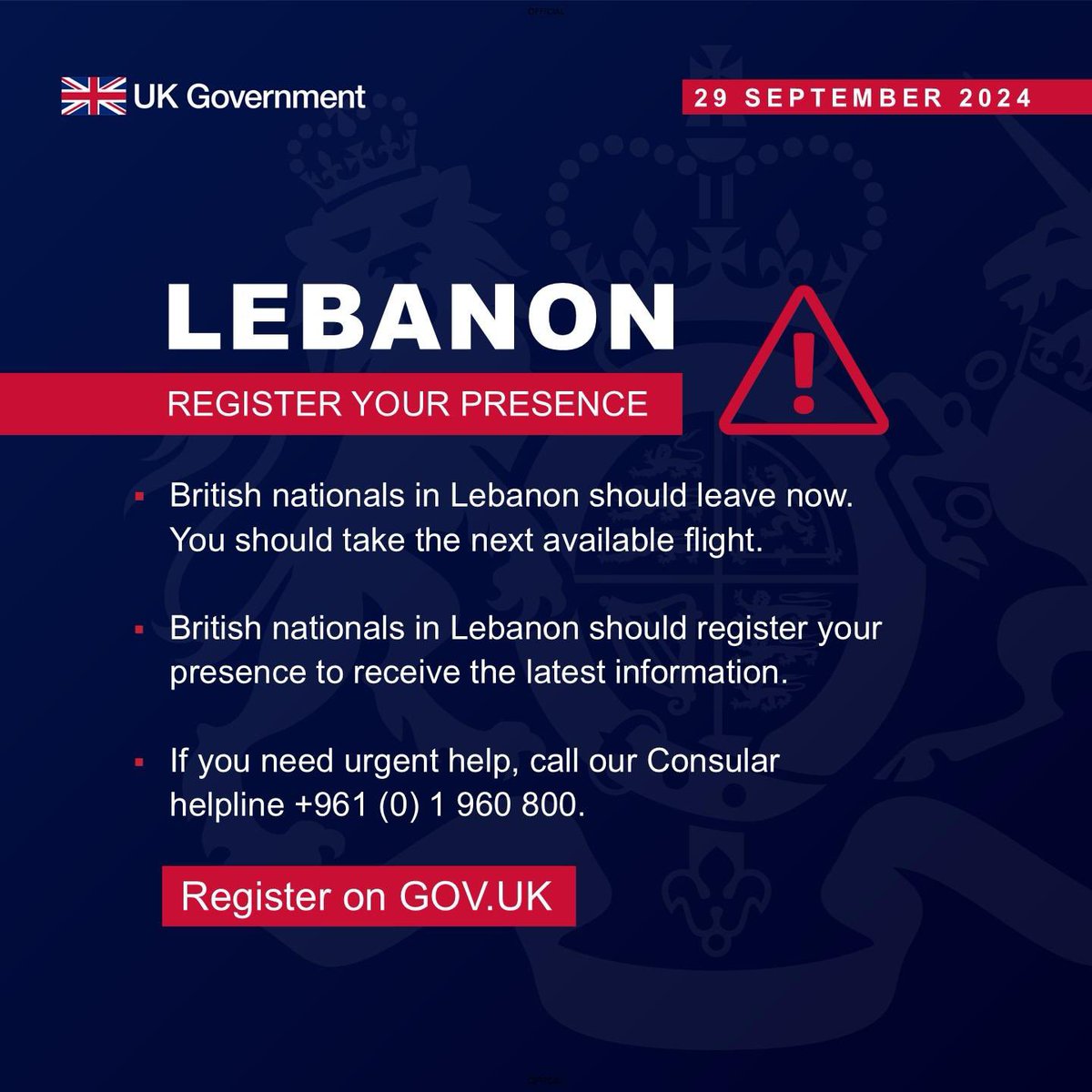 ukinlebanon's tweet photo. British nationals in Lebanon should leave now. You should take the next available flight.   

You should register your presence to receive latest information.  

If you need urgent help, call our Consular helpline +961 (0) 1 960 800. 

Link⤵️  🇱🇧🇬🇧

https://t.co/g9VjpKnnlX https://t.co/Hh7hshfy4S