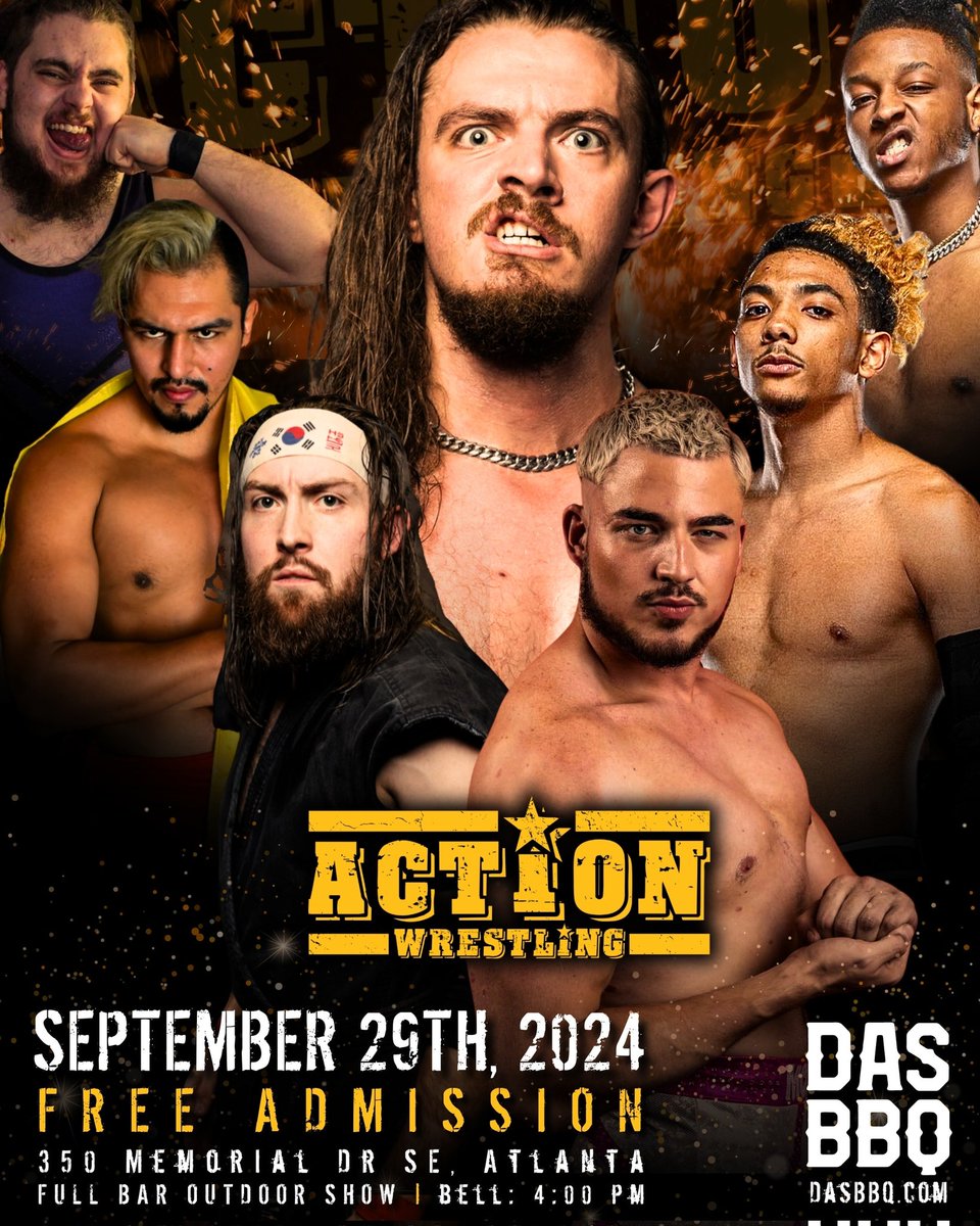 And it's ACTION Wrestling Day!  

Join us for the best BBQ in town at DAS BBQ on 350 Memorial Dr in Atlanta, with a free side of some ACTION Wrestling 

Bell time is 4pm!