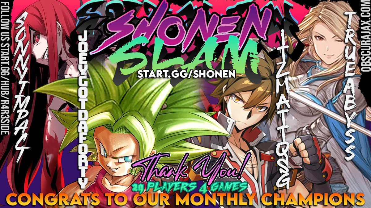 R4R3side's tweet photo. Congrats to our Monthly #shonenSLAM winners!
@mattqsg #BBCF
@TRUEABYSS1 #GBVSR
@SonnyImpact #UNI2
@joeyfourty #DBFz
Thank you all for taking the time to make it out to @ObscuraJAX for our Anime Fighting Game Monthly event! Follow us for news about the next one! https://t.co/mQfAHLZAab