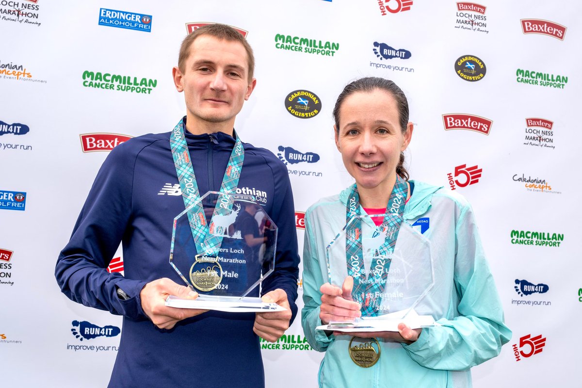 Congratulations to our winners of the 2024 Baxters Loch Ness Marathon! 🏆 

Our marathon champions are Moray Pryde from Lothian Running Club finishing with a course record 02:19:26 and Melissah Gibson from Ealing Eagles Running Club with a time of 2:54:39.