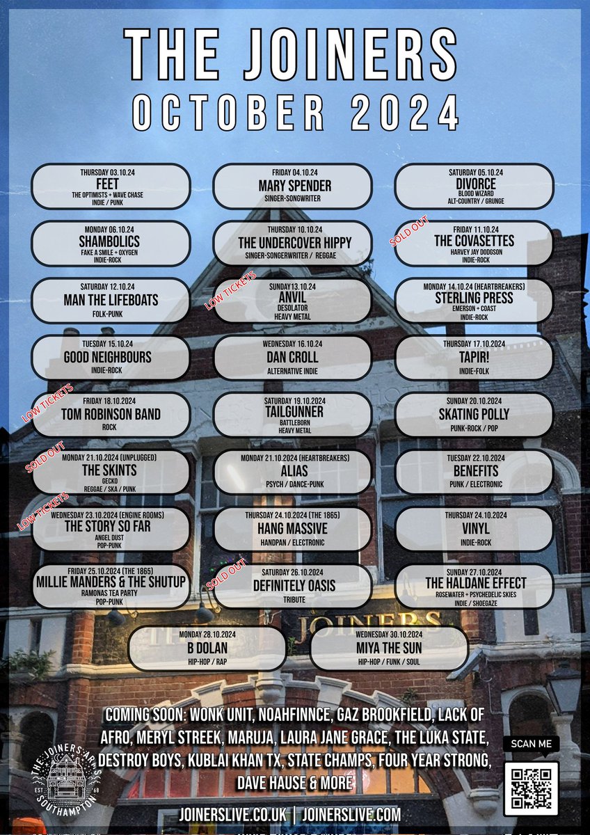 October is upon us and it's absolutely rammed with artists from around the globe coming to our city for YOU! 😌🔊

Don't know the music!? 😱
Check out our free playlist at tinyurl.com/listentojoiners 🎧

Grab your Tix now for some one off special shows at joinerslive.co.uk 🎟️