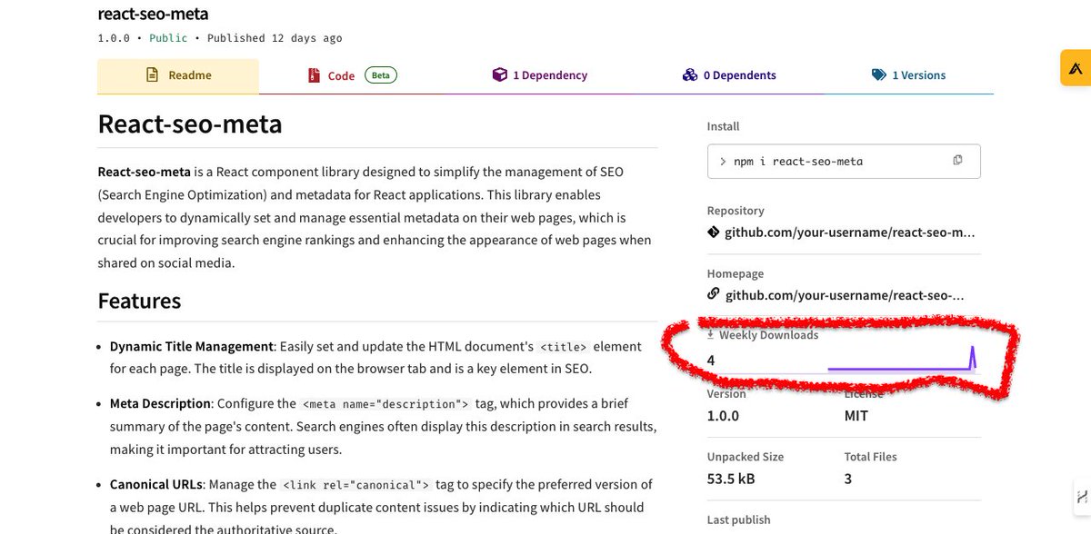 CreationsVi's tweet photo. 🚀 Super excited to see my #React component library, **React-seo-meta**, getting its first weekly download! If you want to simplify SEO &amp; metadata management for your React apps, check it out👇
GitHub: -> https://t.co/3za7i3gDRi   
npm :- >[https://t.co/wkZ3xj9oaR https://t.co/9pXfrj5xyG