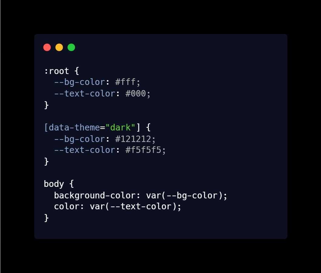 nrachabathuni's tweet image. Use dynamic theming with CSS variables to switch themes effortlessly! Here's an advanced example for light/dark mode
Switch themes on the fly! 🌗 #CSSVariables #WebDesign #AdvancedCSS #Theming #Frontend #CSS3 #WebDev #SEO