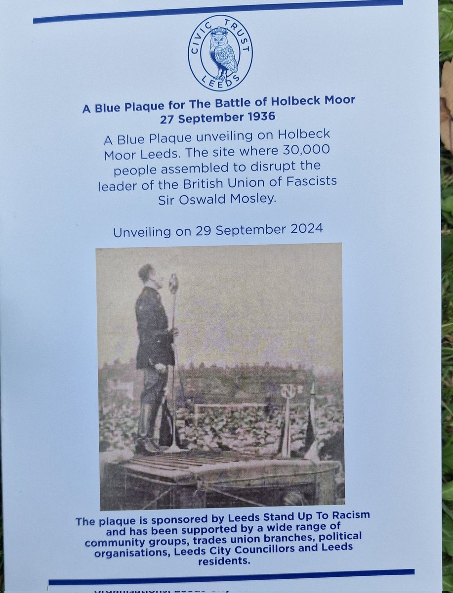 Ww are at the unveiling of a Blue Plaque to commemorate The Battle of Holbeck Moor in 1936, when 30,00 people of Leeds assembled to say a resounding NO to Sir Oswald Mosley and the British Union of Fascists.