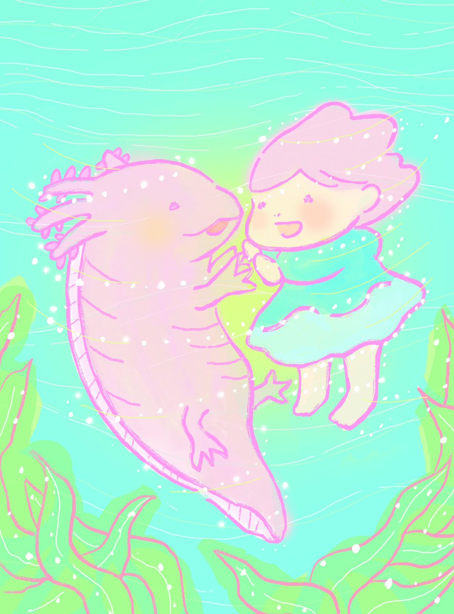 sudachick's tweet photo. 水中のハイタッチ会　Underwater high-five
#赤ちゃん #baby  #子ども  #child #ウーパールーパー #axolotl #水中 #underwater #両生類 #amphibian #ぬいぐる #stuffedtoy #toy #イラスト #illustration #アート #art #絵本 #picturebook #ハイタッチ　#hightouch　#ネオテニー　#neoteny https://t.co/FQSeRpNvhA