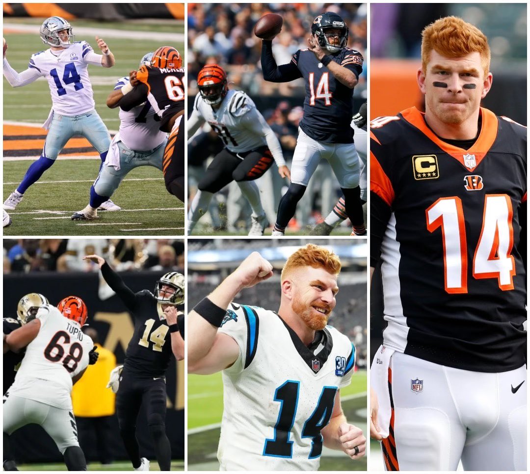 AdamSchefter's tweet photo. Strange but true: Since the Bengals cut Andy Dalton, he’s played for four different NFC teams and each time has started a game against his former Bengals team.

🏈2020: Started for the Cowboys
🏈2021: Started for the Bears
🏈2022: Started for the Saints
🏈2024: Starting today for the Panthers.

Dalton is 2-1 in those games and aiming today to go 3-1.