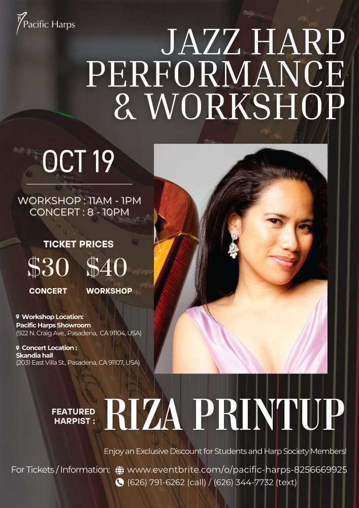 PacificHarps's tweet photo. Join us for an interactive jazz harp workshop &amp; a captivating concert with Riza Printup ✨

⬇️ GET YOUR TICKETS HERE ⬇️
https://t.co/5TVplvsUse

(We have an exclusive discount for Harp Society Members and Students! 💌)

https://t.co/ltOJd8JHfS https://t.co/6BFfuE8A2Q