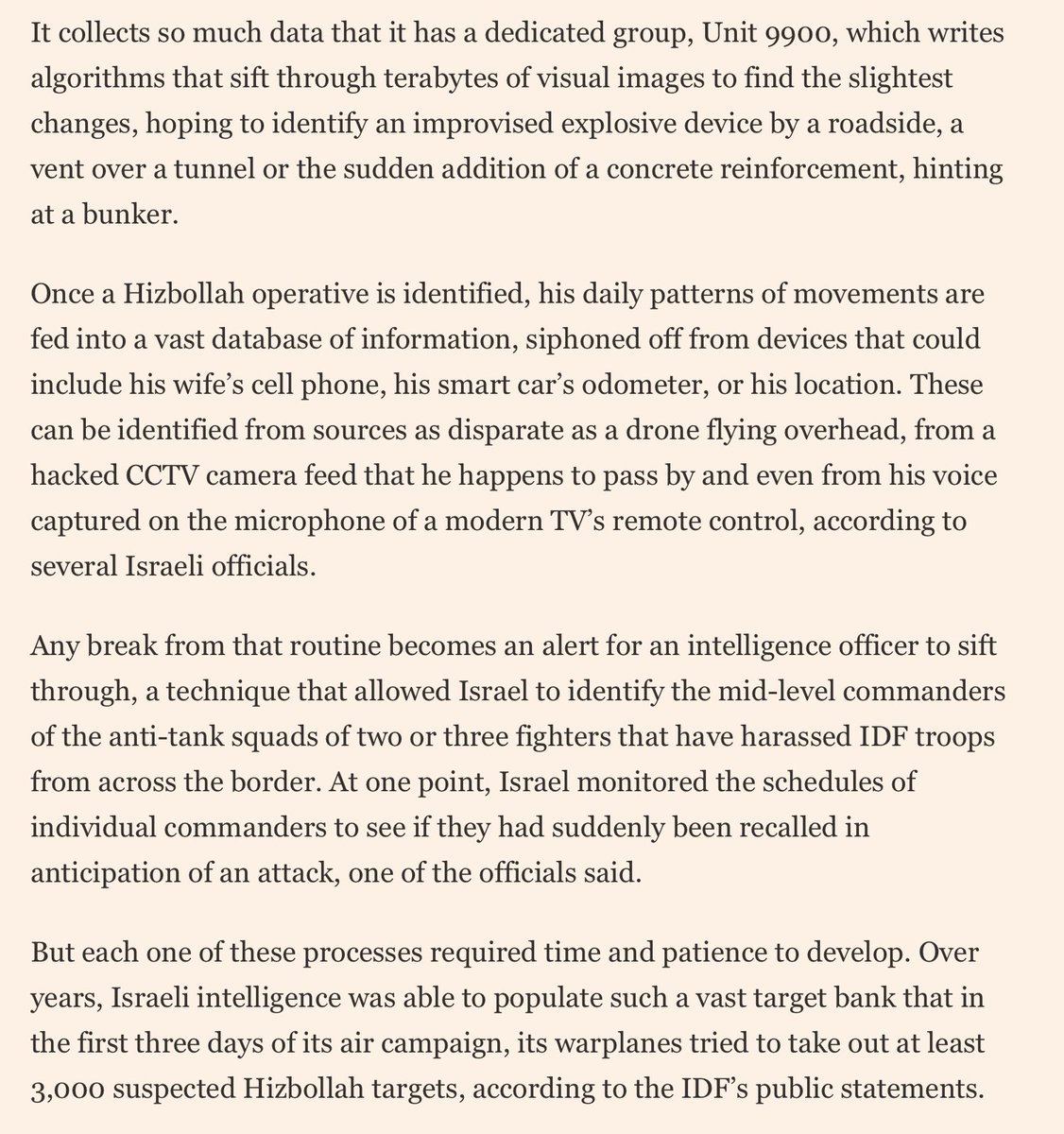 On how Israel developed its intelligence on Hezbollah. 

The Israelis built a visual map of Lebanon that could detect the slightest changes in infrastructure. Electronic surveillance reached into every part of their lives. 

"Once a Hizbollah operative is identified, his daily
