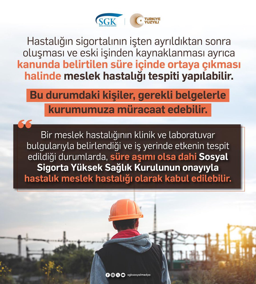 İşten ayrılan sigortalılarımız, kanunda belirtilen süre doğrultusunda meslek hastalığınız ortaya çıkmışsa bu durumda kurumumuza müracaat etmeyi unutmayın!