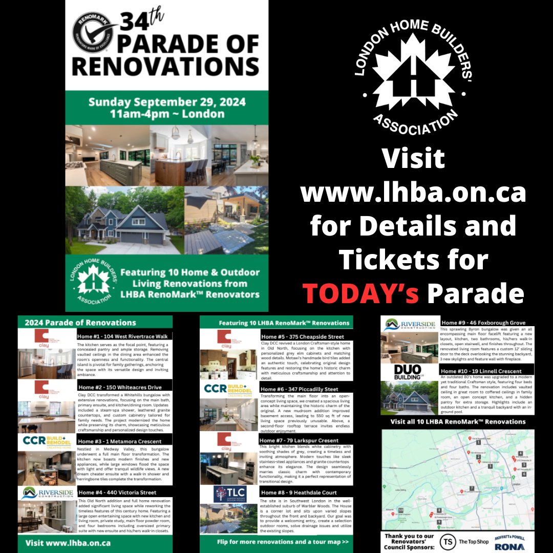 #LHBA's 34th Parade of Renovations TODAY 11am - 4pm #ldnont. Visit kitchen, outdoor, living space and full home renovations for inspiration and tips and to speak directly to <a href="/RenoMark_ca/">RenoMark</a> Renovators! Tickets online or onsite at 10 locations:  bit.ly/3KRu4eF