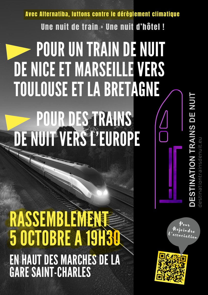 Tous et toutes à la gare Saint-Charles à #Marseille pour réclamer un #TrainDeNuit de #Nice Marseille #Toulouse vers #Nantes et la #Bretagne #Brest

avec @AlternatibaMar 

Samedi 5 octobre à 19h30
en haut des marches

A l'occasion du passage de la caravane <a href="/alternatiba/">Alternatiba</a>