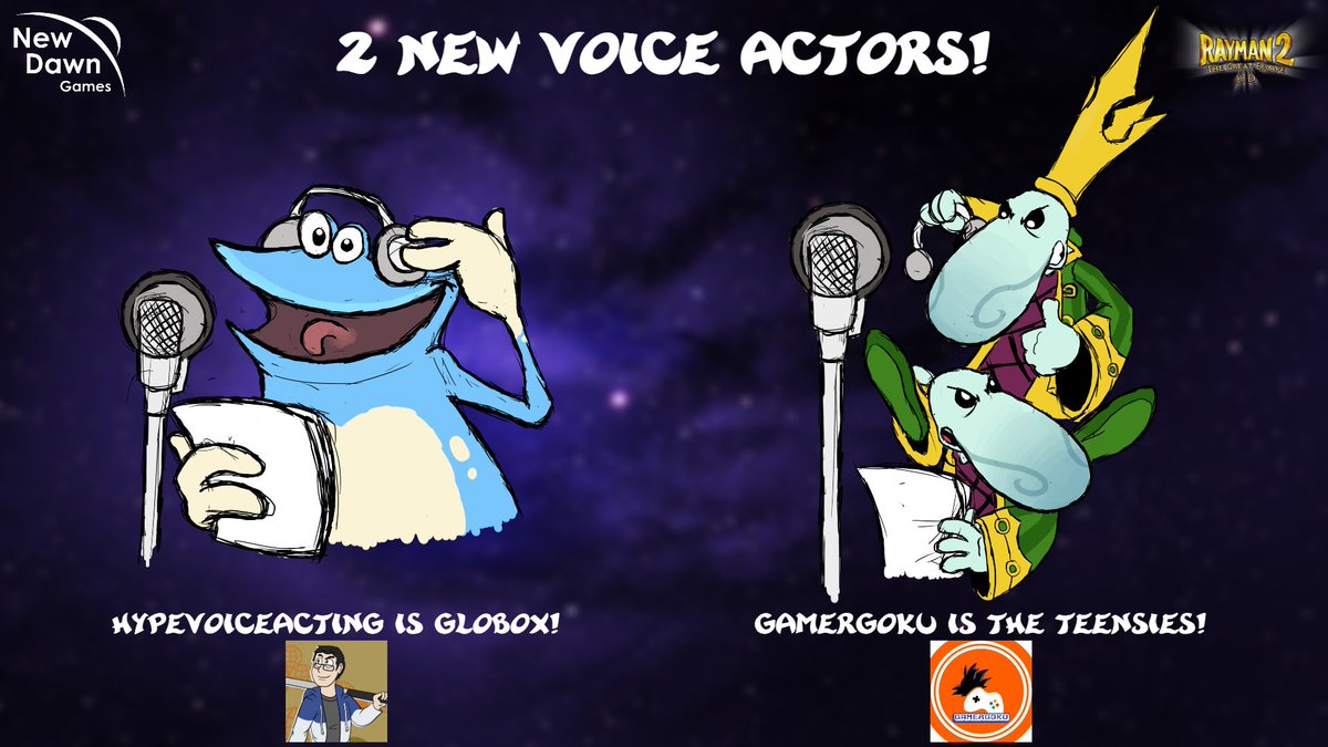 Give a warm welcome to our new Globox and Teensies Voice Actors!
Globox is voiced by <a href="/HypeVoiceActing/">HyperVoiceActing</a> 
The Teensies are voiced <a href="/GamerGoku9001/">GamerGoku</a> 

#Rayman #NewDawnGames #GameDev