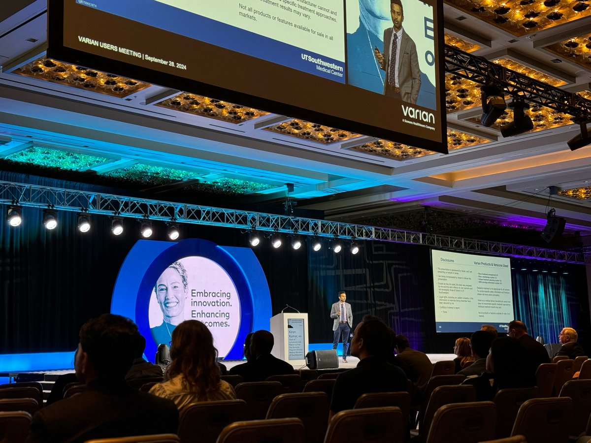 UTSW_RadOnc's tweet photo. Our Chief of Lymphoma and Pediatrics Radiation Oncology Services, Dr. @kakumar86, giving his talk on adaptive therapy and PULSAR at the Varian Users Meeting! #ASTRO2024 https://t.co/9DqI4JJEd5
