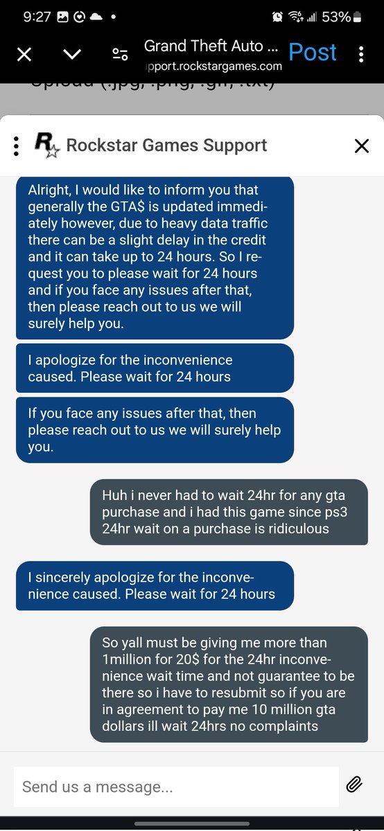 Damn i highkey tight with yall right now you telling me for a bull shit 20$ i gotta wait 24hrs and not guaranteedthe transaction amazingand we ask for #gta6 yall can even get people transactions right this some Bullshit not Bullshark tf yall doin <a href="/RockstarSupport/">Rockstar Support</a> <a href="/RockstarGames/">Rockstar Games</a>
