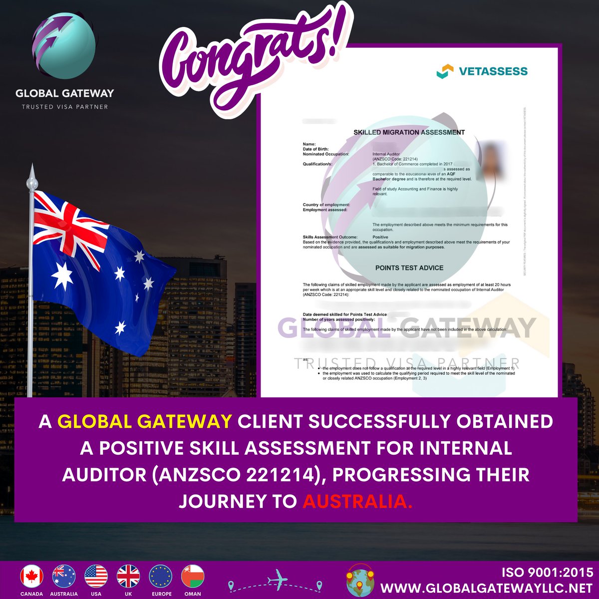 GGLLCHQ's tweet photo. We’re thrilled to announce that our Global Gateway client has successfully obtained a positive skill assessment for Internal Auditor (ANZSCO 221214)!

𝑨𝒑𝒑𝒍𝒚 𝑵𝒐𝒘! 📦💼✨
info@globalgatewayllc.net

#GlobalGateway #SkillAssessment #ImmigrationSuccess #DreamJob #SuccessStory https://t.co/L6zoFipNTH