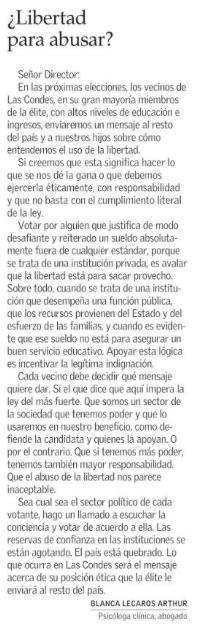 mmlagoscc's tweet photo. Al menos al alguien que piensa dentro de la logica de una moral societal. Lean esta carta de Blanca  Lecaros Arthur. Hoy en @ElMercurio_cl https://t.co/1rNuk2hIJC