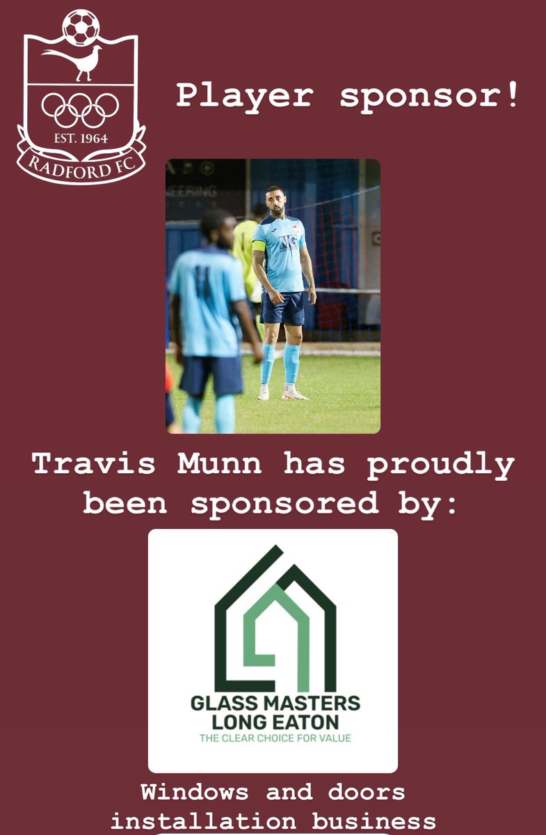 RadfordFC64's tweet image. ⚽️PLAYER SPONSORSHIP⚽️

Travis Munn has proudly been sponsored by Glass Masters Long Eaton. This business is a window and door installation business. If you would like to find out more please visit the Facebook link below-

facebook.com/profile.php?id…
