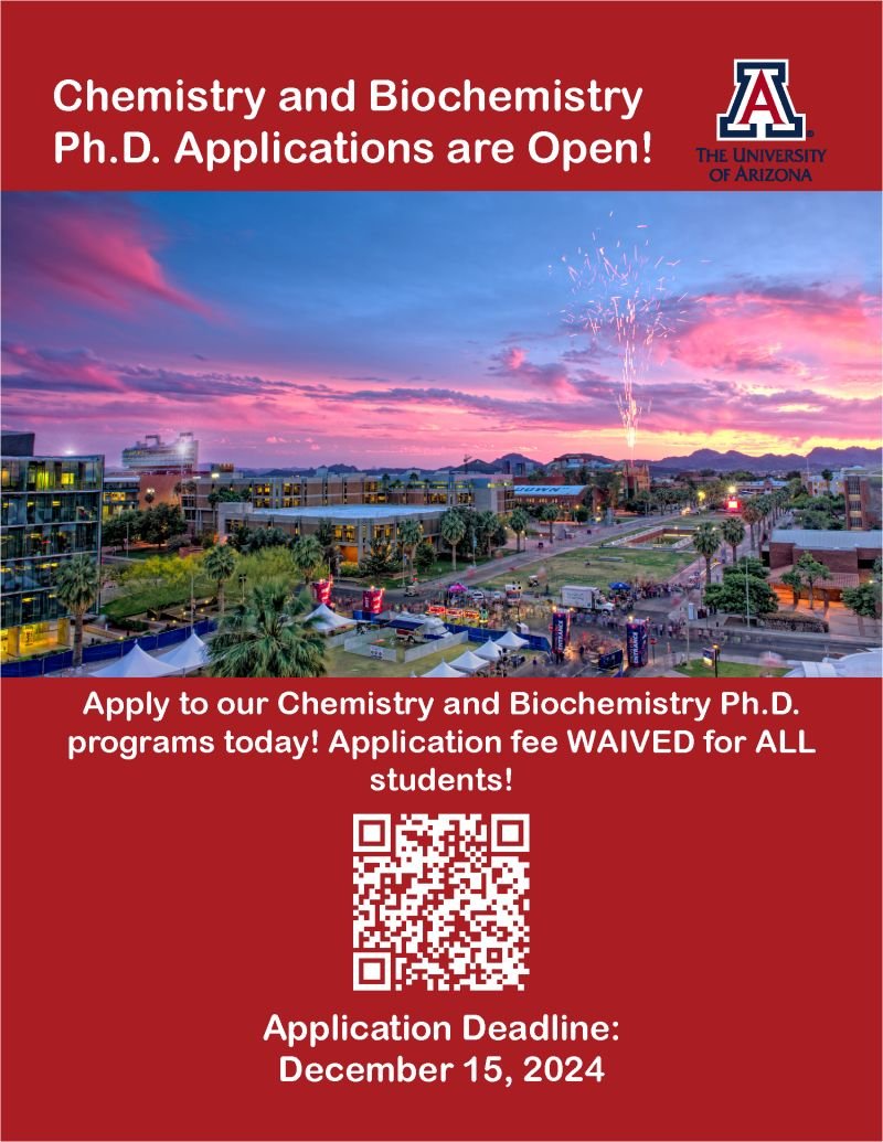 Grad_School_Hub's tweet photo. "Our PhD in Chemistry and Biochemistry (CBC) is accepting applications, and the fee is WAIVED this year! We have an amazing program and faculty where you can become an expert in MAKING, MEASURING or MODELING molecules and apply those skills to tackle important interdisciplinary questions at the intersection of chemistry, biology and physics. 
Apply here:https://t.co/vnxJuZhPMq "-Prof. Jon Njardarson