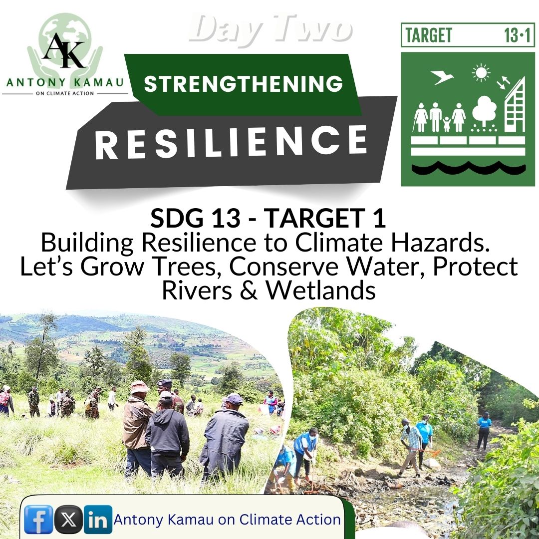 AntonyKamau_CA's tweet photo. To achieve #SDG13 Target 13.1, strengthen resilience to climate hazards by: Planting trees &amp; restoring ecosystems, Conserving water &amp; improving access Building climate-resilient infrastructure, Empowering communities with knowledge Integrating climate action into policies https://t.co/7dLiZUM1OE
