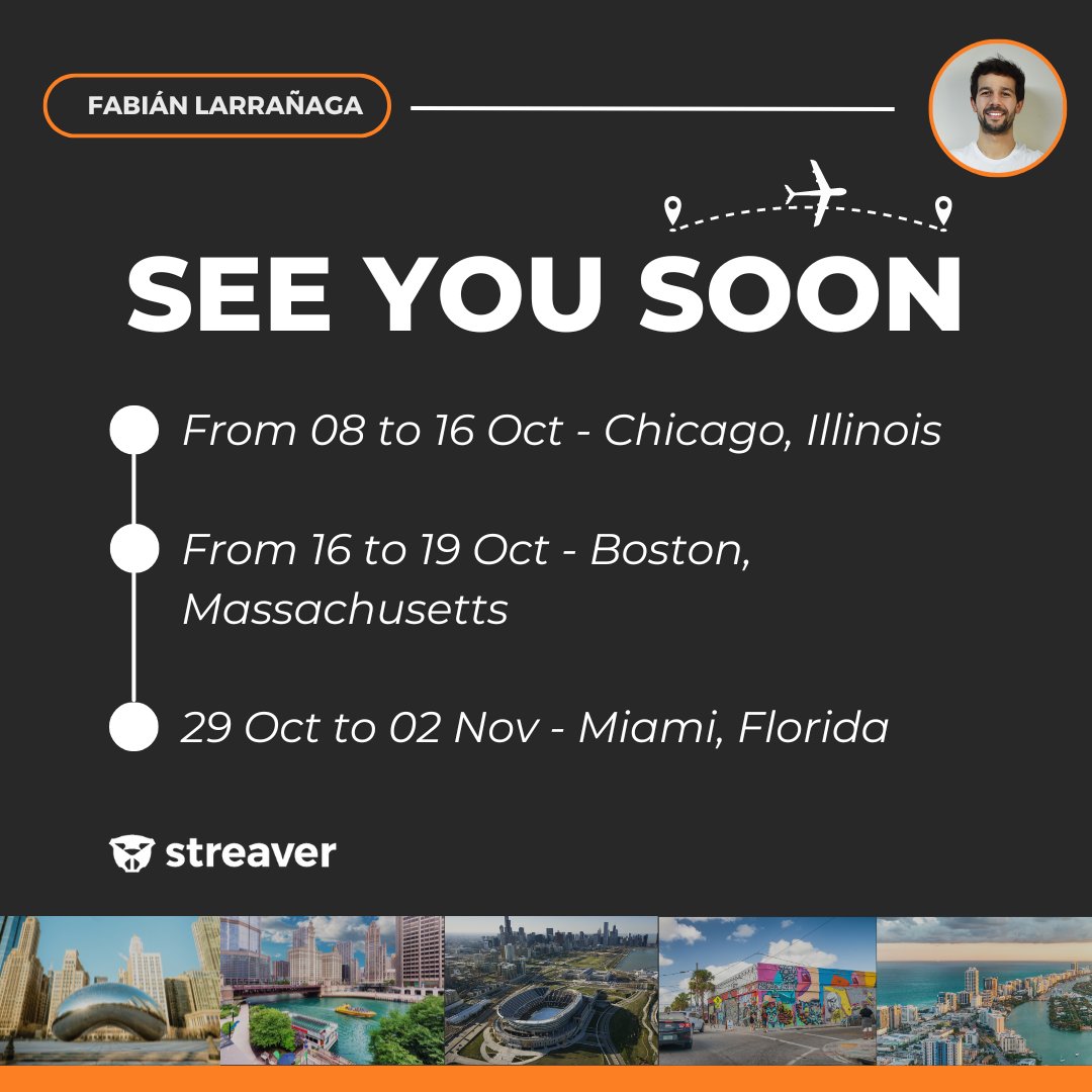 📢 Streaver is hitting the U.S.! 🇺🇸 Our CEO, Fabian Larrañaga, will be in:

📍 Chicago (Oct 8-16)
📍 Boston (Oct 16-19)
📍 Miami (Oct 29-Nov 2)

Let’s meet up! If you’re in any of these cities, send us a message to connect over coffee ☕️. See you soon! 🤝
#Streaver #TechCommunity