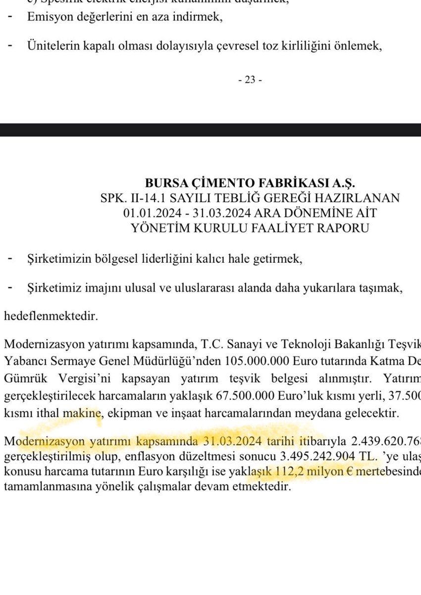 #bucim
#çimento
 160 milyon euro’luk yatırım bitme aşamasına yaklaşmış 30.06.2024 tarihi itibariyle 128.5 milyon Euro harcama yapılmış. Geçen çeyrekten bu yana 16.3 milyon Euro (600 milyon dan fazla )yatırıma harcanmış .