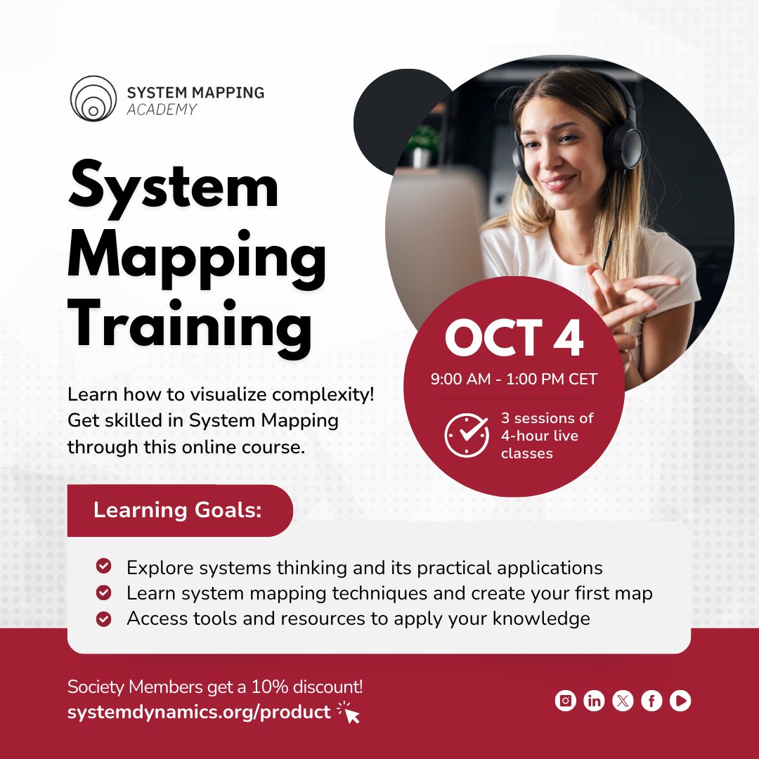 Take advantage of this convenient #onlinecourse about System Mapping, taught by practitioners from the System Mapping Academy. 🎯

📅 October 4, 11 &amp; 18, 9 am - 1 pm Central Europe Time
🔗 Register now: ow.ly/4o2N50Tvbi6

#SystemDynamics #systemsthinking