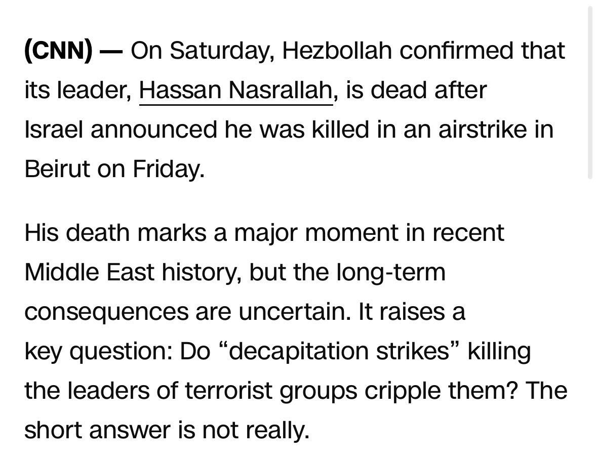AGHamilton29's tweet image. I think this CNN analysis misses a few things. Hezbollah is not a normal terrorist group, they are highly dependent on a specific structure and organization. A lot of their operational freedom came from the feeling they are invincible. That is now gone. 

In addition, Israel…