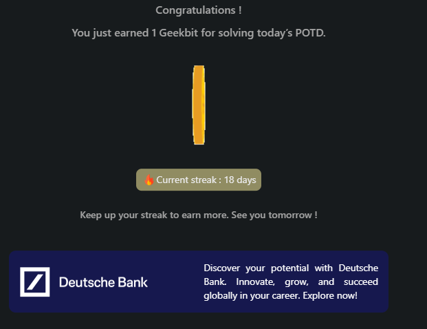 ShaanMysel60638's tweet image. Day 18 of 21 days of POTD challenge #geekstreak2024 powered by #DeutscheBank 

#TotalCount