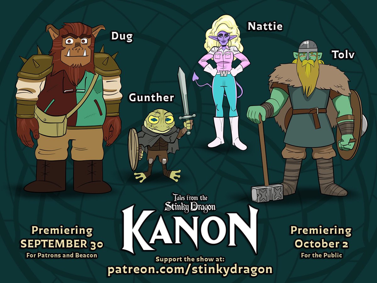 StinkyDragonPod's tweet image. THE REVEAL! Here is our Kanon crew!
Dug: played by Barbara
Gunther: played by Chris
Nattie: played by Jon
Tolv: played by Blaine

Campaign 3 premieres TOMORROW for Patreon members &amp;amp; Beacon members, and Wednesday for the public on all podcast platforms!