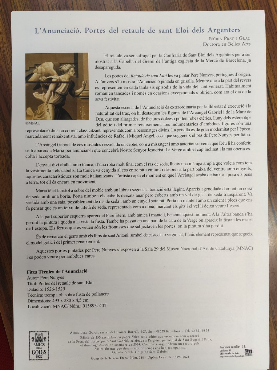 PratNur's tweet image. Els Amics dels Goigs de Barcelona han celebrat la diada del seu patró l'arcàngel sant Gabriel, a l'església de Sant Eugeni Papa i per a l'ocasió s'ha editat aquest goig.
#amicsdelsgoigs #arcàngelGabriel #goigs #Anunciació #PereNunyes