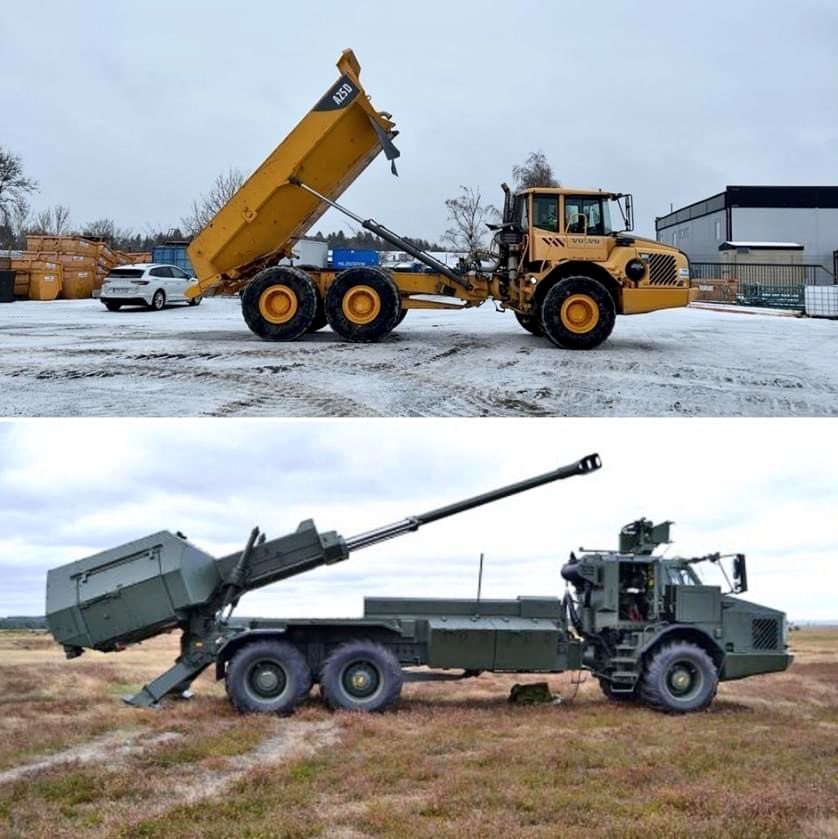 TRUFAULT's tweet photo. Arriba un volquete de la casa #Volvo del tipo A25D.
Abajo el Archer de 155mm.
Fijaros que el caro SPA se basa en el chasis A30D ligeramente más alargado.
🇸🇪🙂👌
#Curiosidades #Historias #Amazingthings #Steel #Machines #maquinas https://t.co/0F27Hwkg84