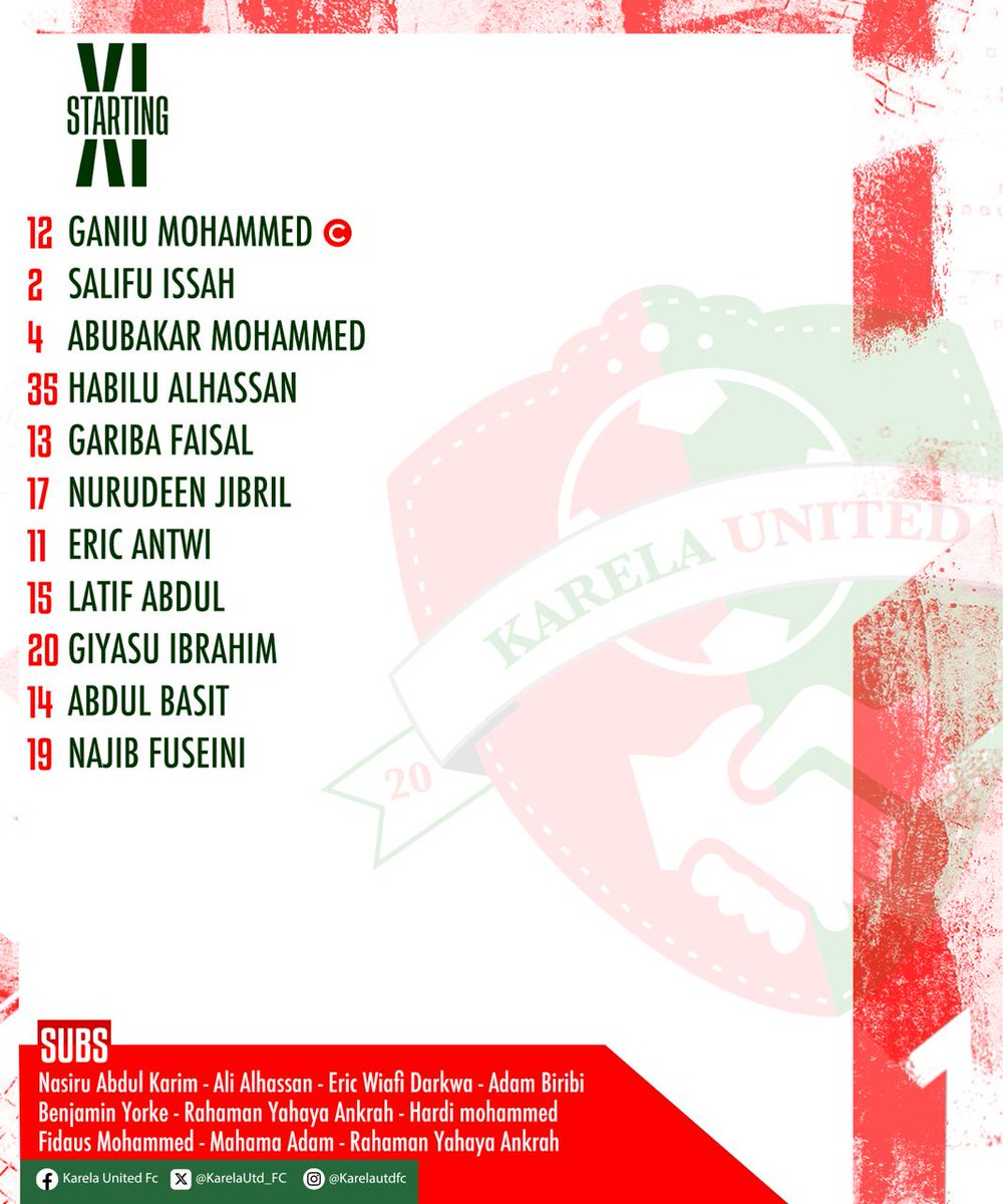 Zidanesey's tweet image. The stage is set! Here's our starting line up for the big game against Legon Cities! 

#TeamLineUp
#@KarelaUtd