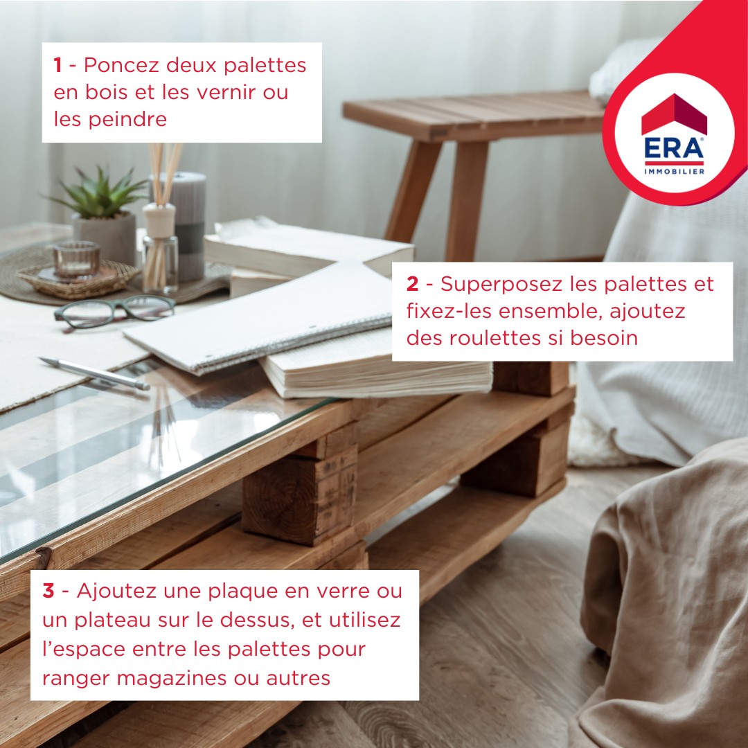 EraVimont's tweet image. Fabriquez une table basse stylée à petit prix ! 🌟

- Poncez et peignez deux palettes.
- Superposez et fixez avec des roulettes.
- Ajoutez un plateau en verre pour ranger vos magazines.

Voilà, le tour est joué ! 🛠️

#Eraimmobilier #TableBasse #DecoRecup