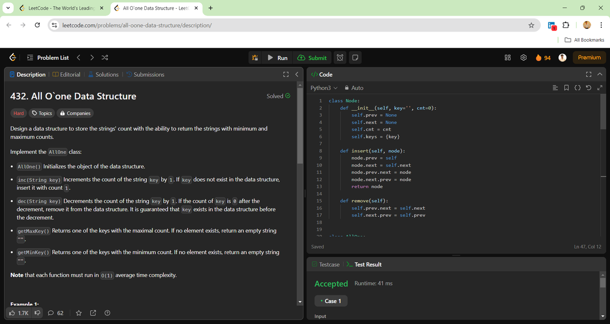 ishhhhaannn's tweet photo. Day 94 of #LeetCode challenge ✅ Solved the difficult 'All O(1) Data Structure' problem! 💻 Using hash maps and doubly linked lists.🧠🚀 #Coding #ProblemSolving #Algorithms #DataStructures #Efficiency #Python #C++ #BigONotation #KeepLearning #TechJourney #DailyCoding #CodeNewbie https://t.co/tK0d0L7zdV
