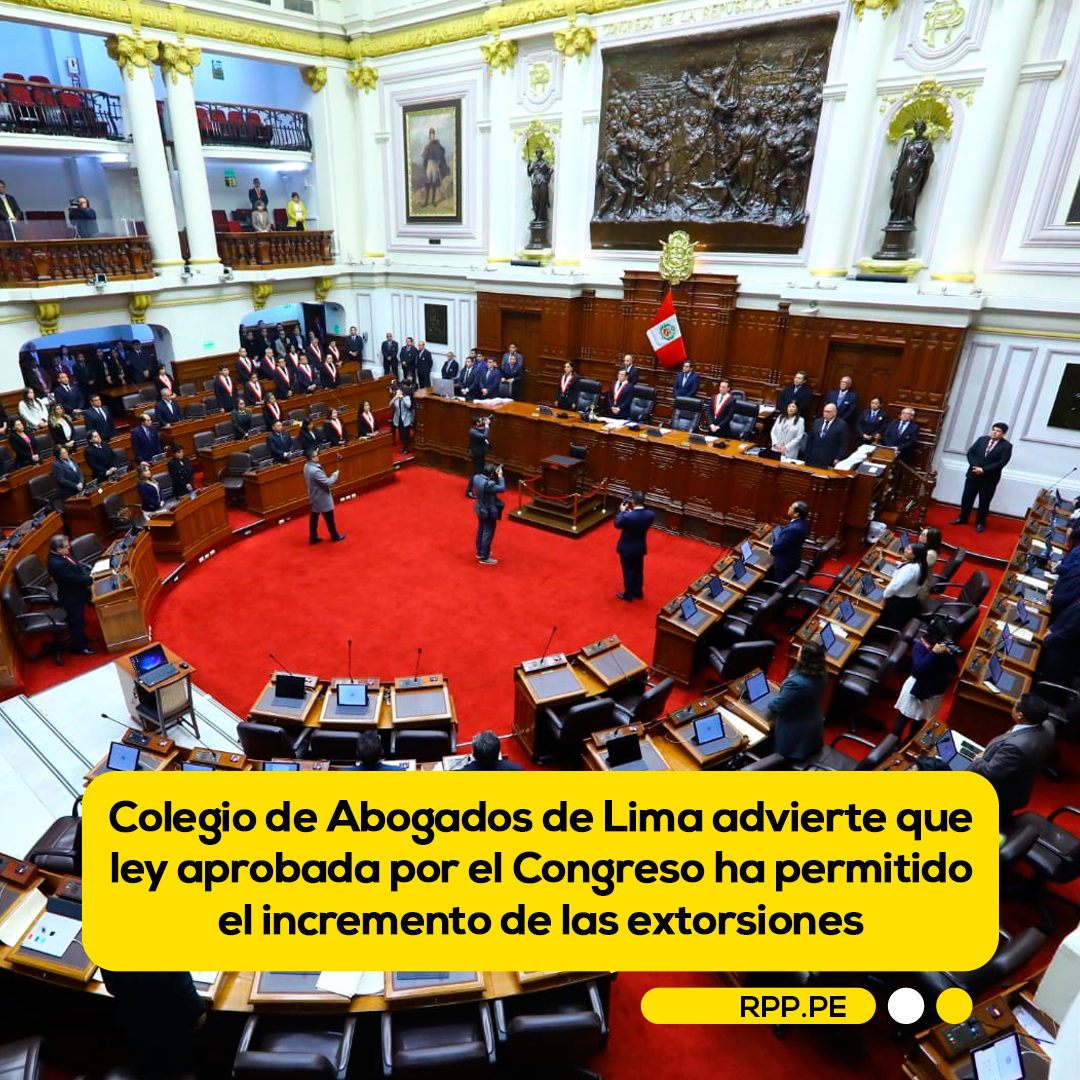 RPPNoticias's tweet photo. 🔴 El Colegio de Abogados de Lima ha expresado su profunda preocupación por la modificación a la ley contra el crimen organizado, aprobada en julio pasado por el Congreso de la República. Según la institución, la nueva norma "ha generado un entorno favorable para la proliferación de bandas de extorsionadores y otros grupos delictivos".

Más información 👉 https://t.co/GpmY4GM9SY