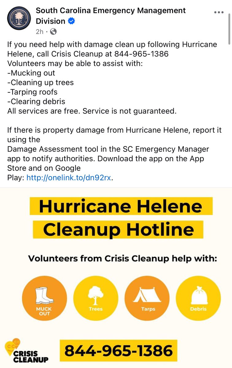 If you’re in South Carolina and need damage clean-up assistance, call 844-965-1386. Services are FREE but not guaranteed. 

To all the neighbors, volunteers, and workers helping each other - we see you and are grateful. 🙏🏼