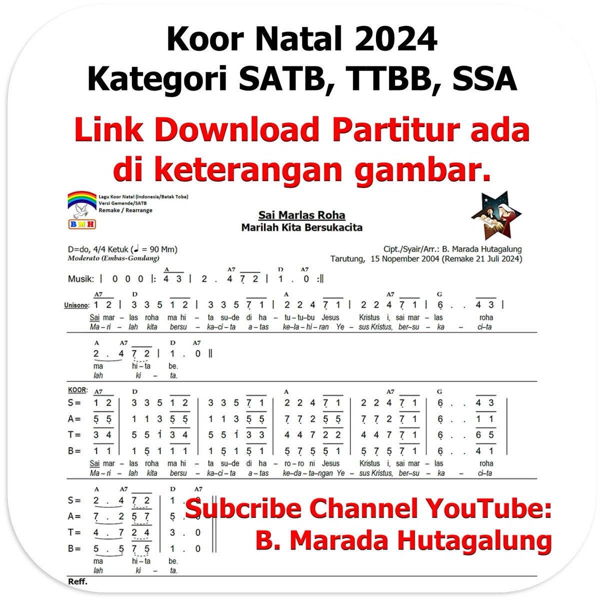 MaradaGv's tweet photo. Koor Natal Sai Marlas Roha/Marilah Kita Bersukacita
SATB: https://t.co/uw9qJK9oyw
TTBB: https://t.co/wqTZvoevwn
SSA: https://t.co/kTJ5NelaV8
Keseluruhan: https://t.co/HBOhGb2ehn
Partitur: https://t.co/mZcd2IkaCQ

Syalom. https://t.co/Sf3cKl7rp4