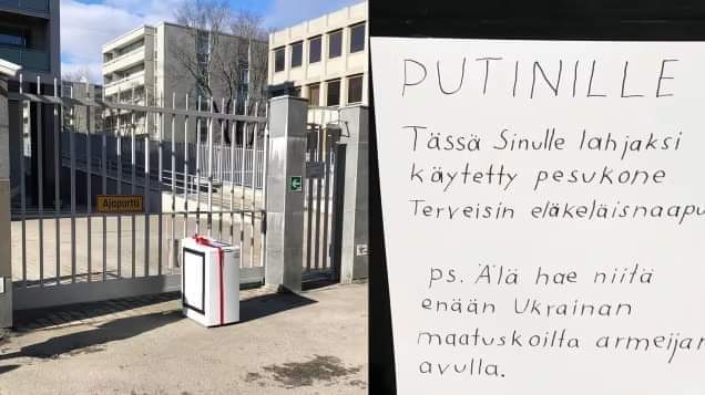 sami_viitanen's tweet photo. Pidorussian embassy in Helsinki: someone brought a used washing machine with a note saying "to Putin. Here's a used washing machine for you as a gift. regards, pensioner neighbour. P.S. please don't take them from Ukrainian babushkas with your army anymore" https://t.co/PVgd3BGWmm