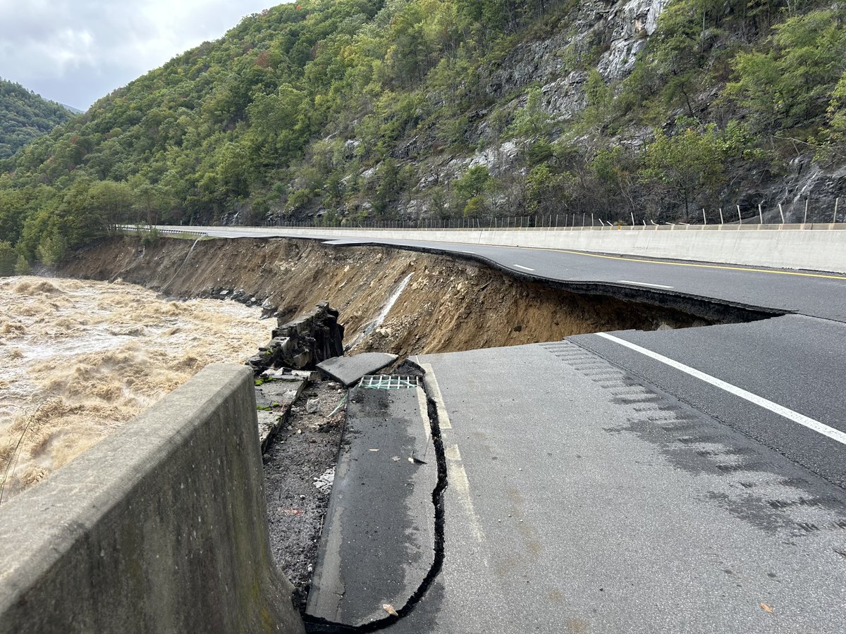 BrianEntin's tweet photo. North Carolina Dept. of Transportation says all roads in Western NC should be considered closed, even the big ones.
“The catastrophic devastation to western North Carolina is like nothing we have ever seen," the Governor said. https://t.co/JhJ7koNaYC