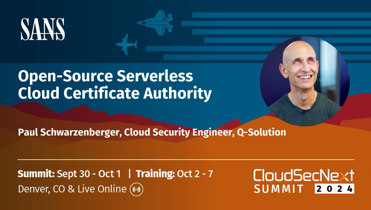 Paul Schwarzenberger (@paulschwarzen) on Twitter photo First public live demo of our new #OpenSource private cloud CA later today at <a href="/SANSCloudSec/">SANS Cloud Security</a> #CloudSecNextSummit 🚀
sans.org/u/1uDe First public live demo of our new #OpenSource private cloud CA later today at <a href="/SANSCloudSec/">SANS Cloud Security</a> #CloudSecNextSummit 🚀
sans.org/u/1uDe