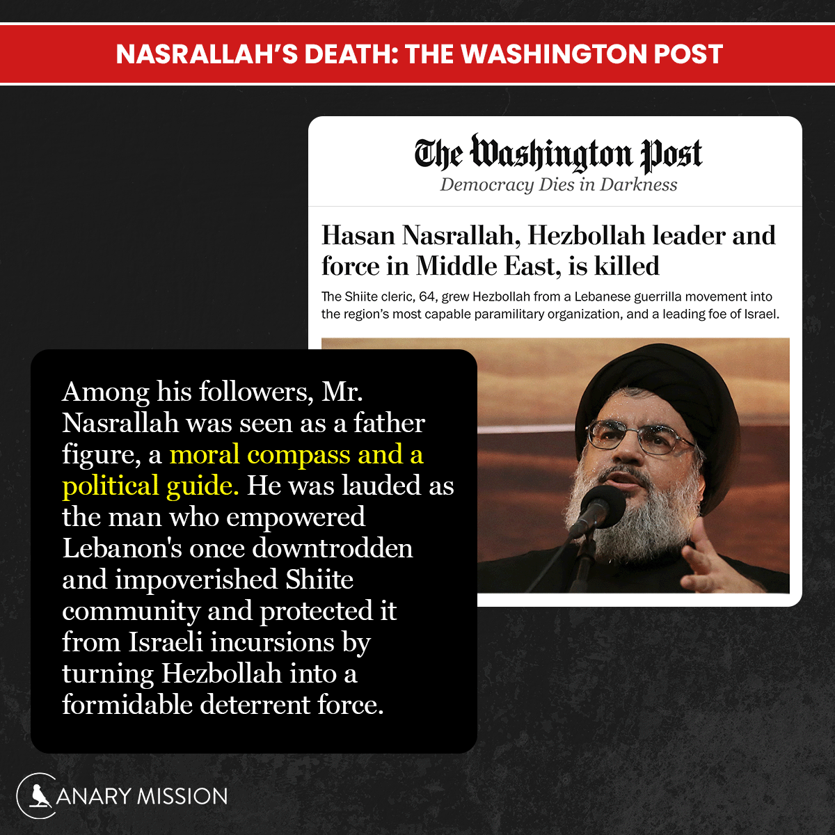 canarymission's tweet photo. Mainstream media has lost it. Israel killed the terrorist with (until Friday night) probably the most American blood on his hands, and this ⬇️ 
@washingtonpost - Nasrallah was a "moral compass" & "father figure"
@nytimes - "A powerful orator," "beloved," "provided social services"
@ap - "Charismatic," "astute strategist" 
@SkyNews - "A passionate and fiery orator"
@CNN - "marks a significant escalation"