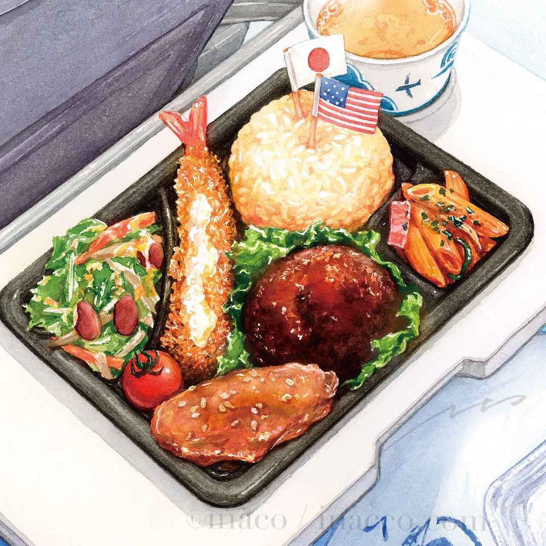 inaco3's tweet photo. おかずボリューミーな弁当です😊
喜多みどり先生「弁当屋さんのおもてなし 新米夫婦と羽ばたくお子様ランチ」装画で描かせていただいた絵です。 https://t.co/N0jVpNR2ZJ