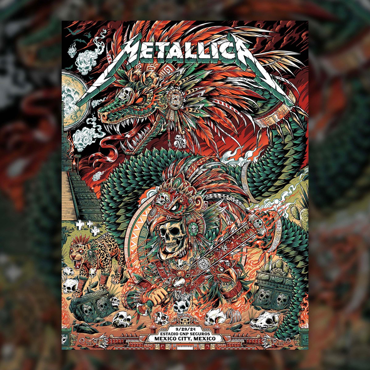 Metallica's tweet photo. 🇲🇽 TONIGHT IN MEXICO CITY 🇲🇽
Estadio GNP Seguro

This is it! Our last "No Repeat Weekend" gig of the year. Our friends from @AGORAoficial  and @ICENINEKILLS lead us away one final time. 

Last chance to share your photos and videos with us - #M72CDMX. 

Posters from tonight's show, created by Juan Ma Orozco, will be available for purchase exclusively at the venue. 

#Metallica #M72CDMX #MetOnTour